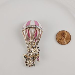 Butler Hot Air Balloon Pink White Brooch Pin Gold